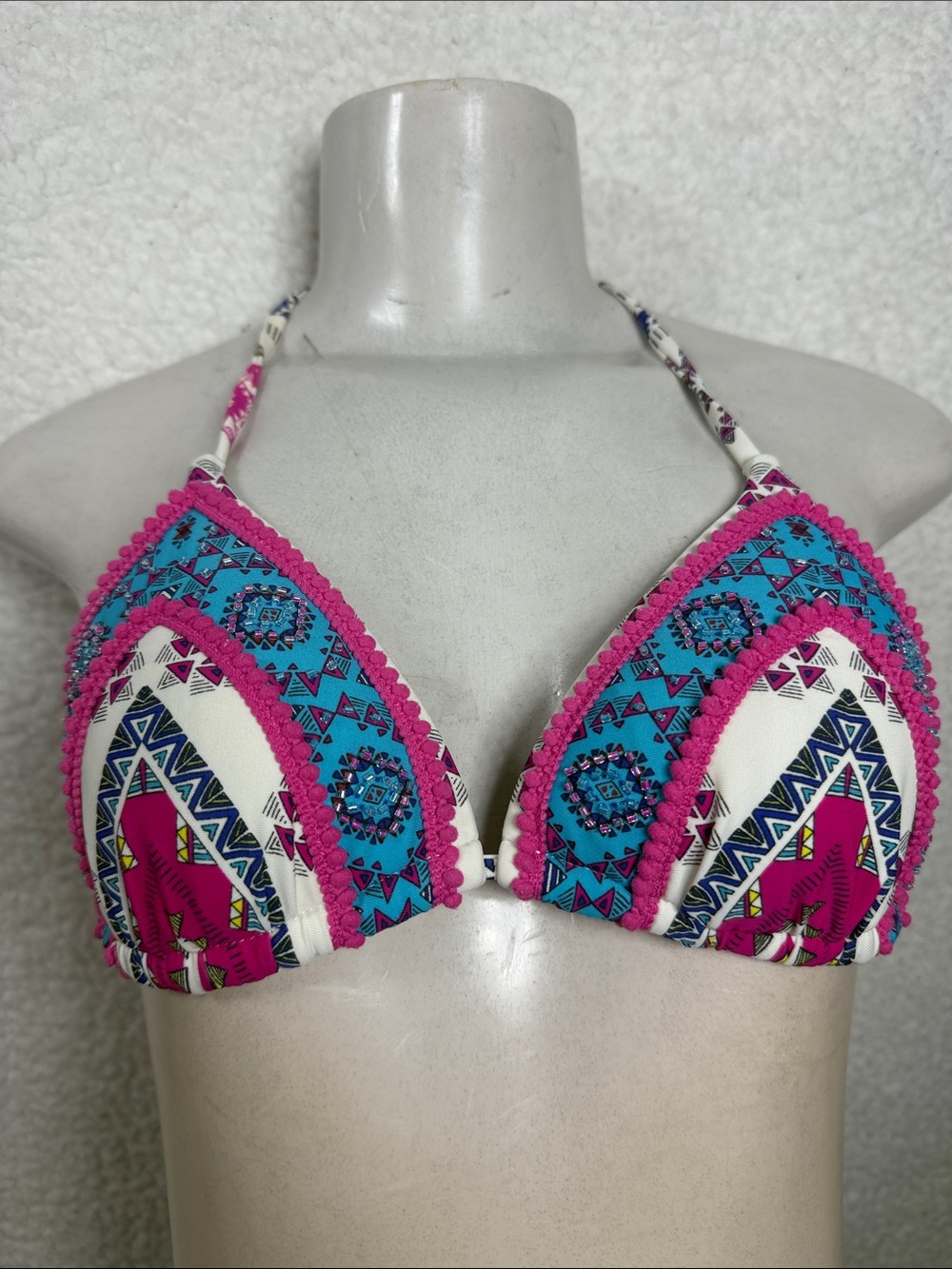 (T1)Calzedonia bikini top with geometric print and rhinestones, very bohemian,XS